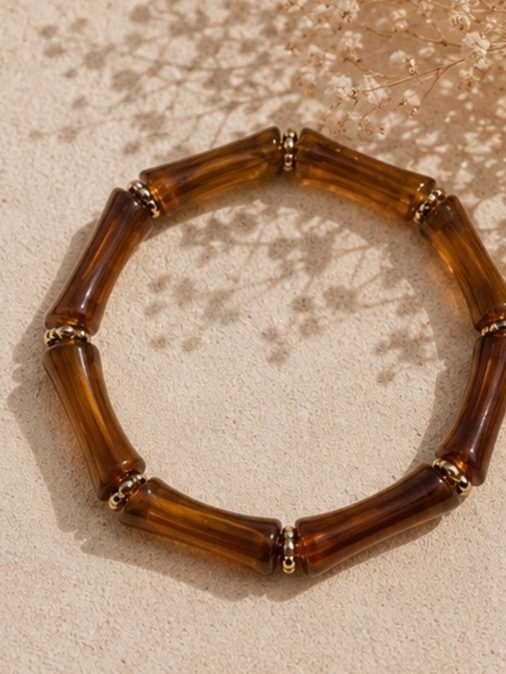 Amber Bead Stretch Bracelet with Gold Accents
